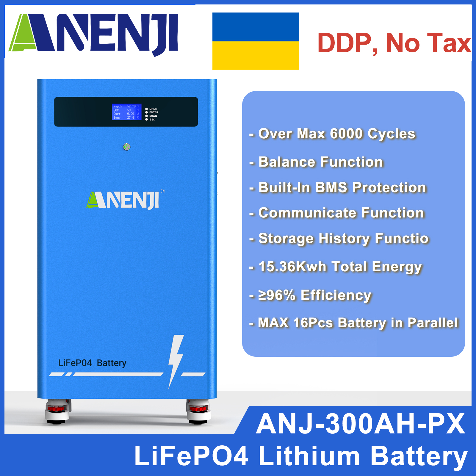 Ukraine DDP----ANENJI 51.2V 300Ah Powerwall 16KWh LiFePO4 Stacked Battery Built-in BMS CAN RS485 6000+ Cycle for Solar Planes Off/On Grid for Home