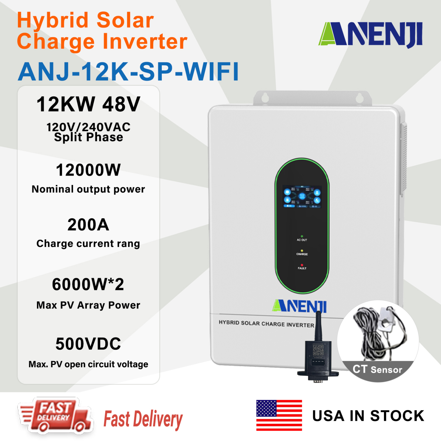 USA WAREHOUSE--ANENJI 12KW 48V Hybrid Solar Inverter 110V Pure Sine Photovoltaic On Grid Off Grid Inversor PV 500Vdc 220A MPPT Solar Charge Controller