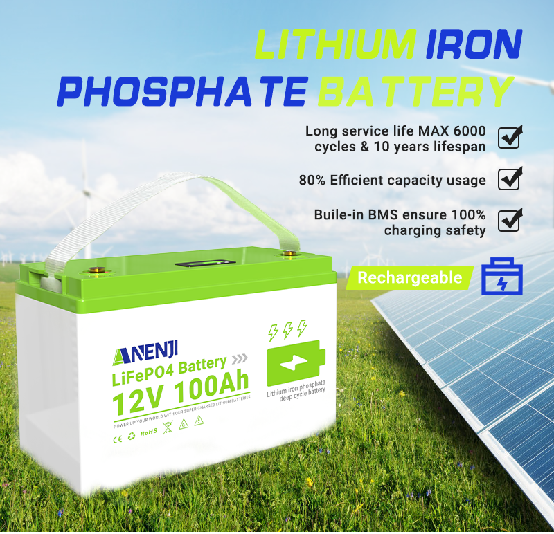 UK WAREHOUSE---ANENJI 12V 100Ah 1280WH LiFePO4 Battery RV Boot Solar Golf Cart Battery Built-in BMS Grade Lithium Iron Phosphate Off-Road Off-grid