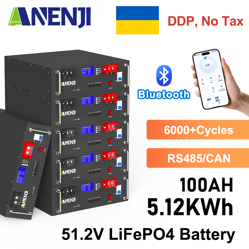 Ukraine Delivery Directly----ANENJI 51.2V 100Ah Powerwall 5KWh LiFePO4 Rack-mounted Battery Built-in 16S 100A BMS CAN RS485 6000+ Cycle for Solar Planes Off/On Grid for Home
