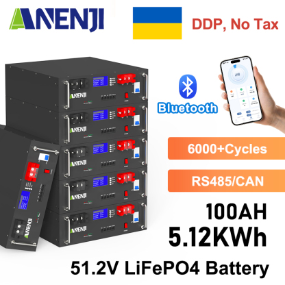 Ukraine Delivery Directly----ANENJI 51.2V 100Ah Powerwall 5KWh LiFePO4 Rack-mounted Battery Built-in 16S 100A BMS CAN RS485 6000+ Cycle for Solar Planes Off/On Grid for Home