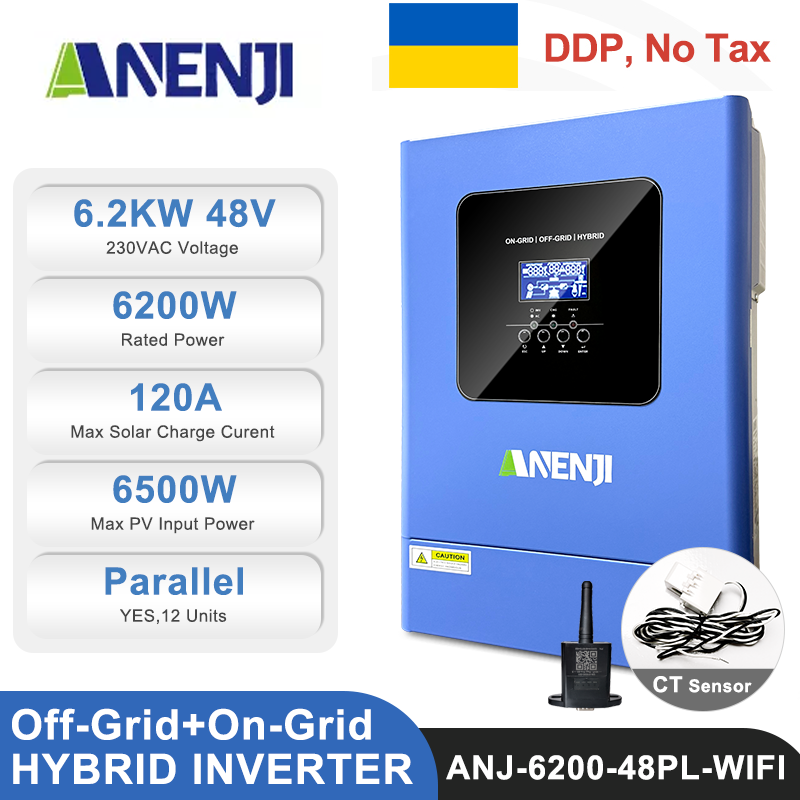 Ukraine DDP----ANENJI 6.2KW Hybrid Solar Inverter 48V 230VAC Photovoltaic Parallel 3-Phase Inverter Off Grid Tie Built in 120A MPPT Solar Charge Controller PV 500V