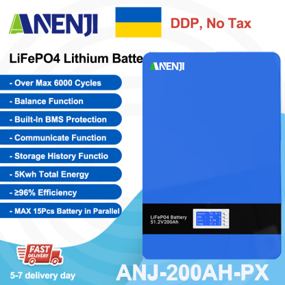ANENJI 51.2V 200Ah Powerwall 10KWh LiFePO4Wall-Mounted Battery Built-in BMS CAN RS485 6000+ Cycle for Solar Planes Off/On Grid for Home