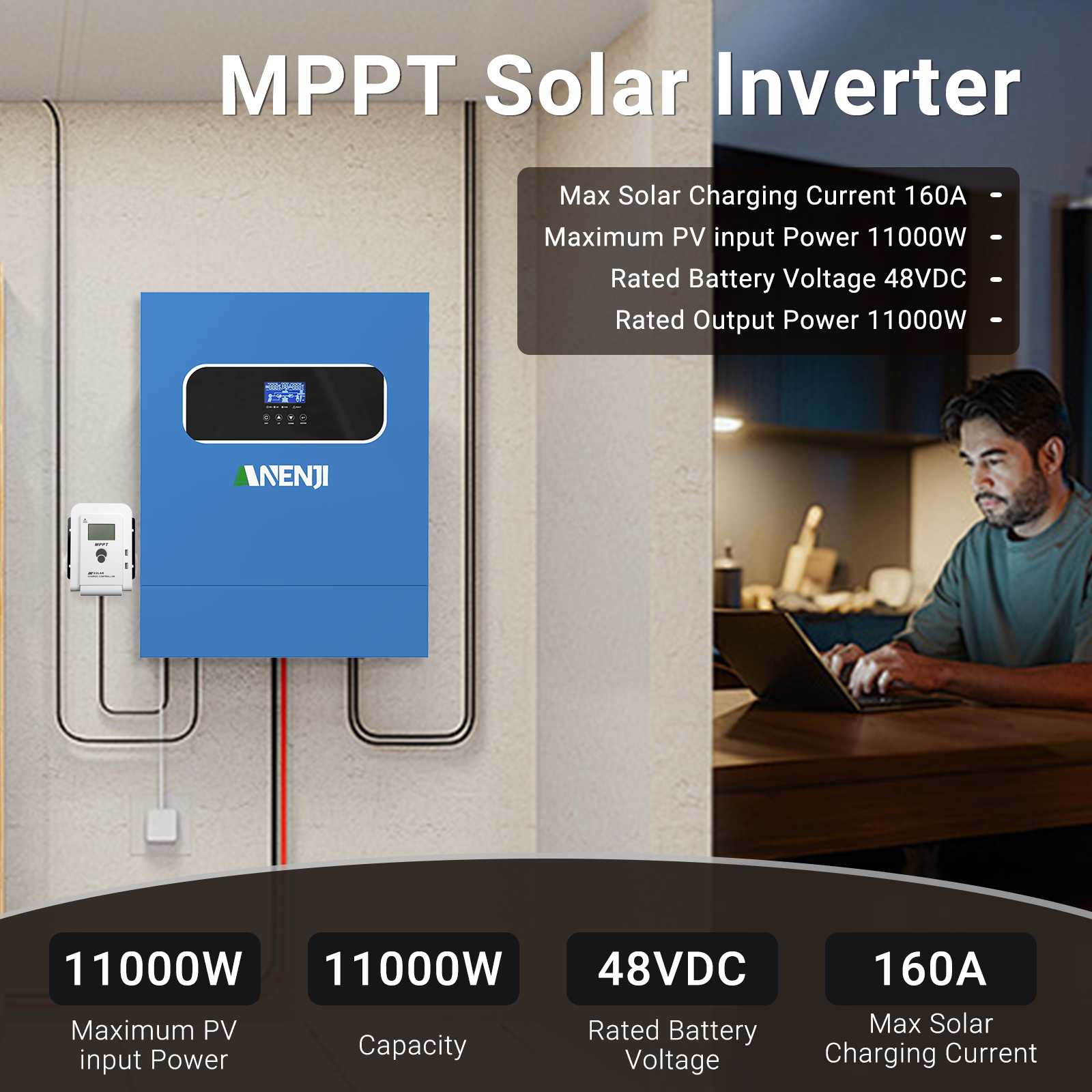 11KW Hybrid Solar Inverter 48V 230VAC Photovoltaic Inverter Off Grid Tie Built in 160A Dual MPPT Solar Charge Controller PV 500V
