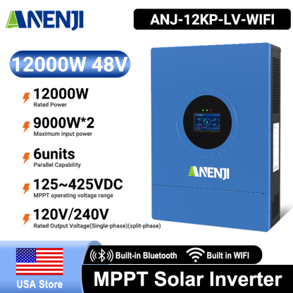 USA WAREHOUSE--ANENJI 12KW 48V Hybrid Solar Inverter 110V Pure Sine Photovoltaic On Grid Off Grid Inversor Split Phase 120V/240V Dual MPPT Charger Parallel 6pcs max