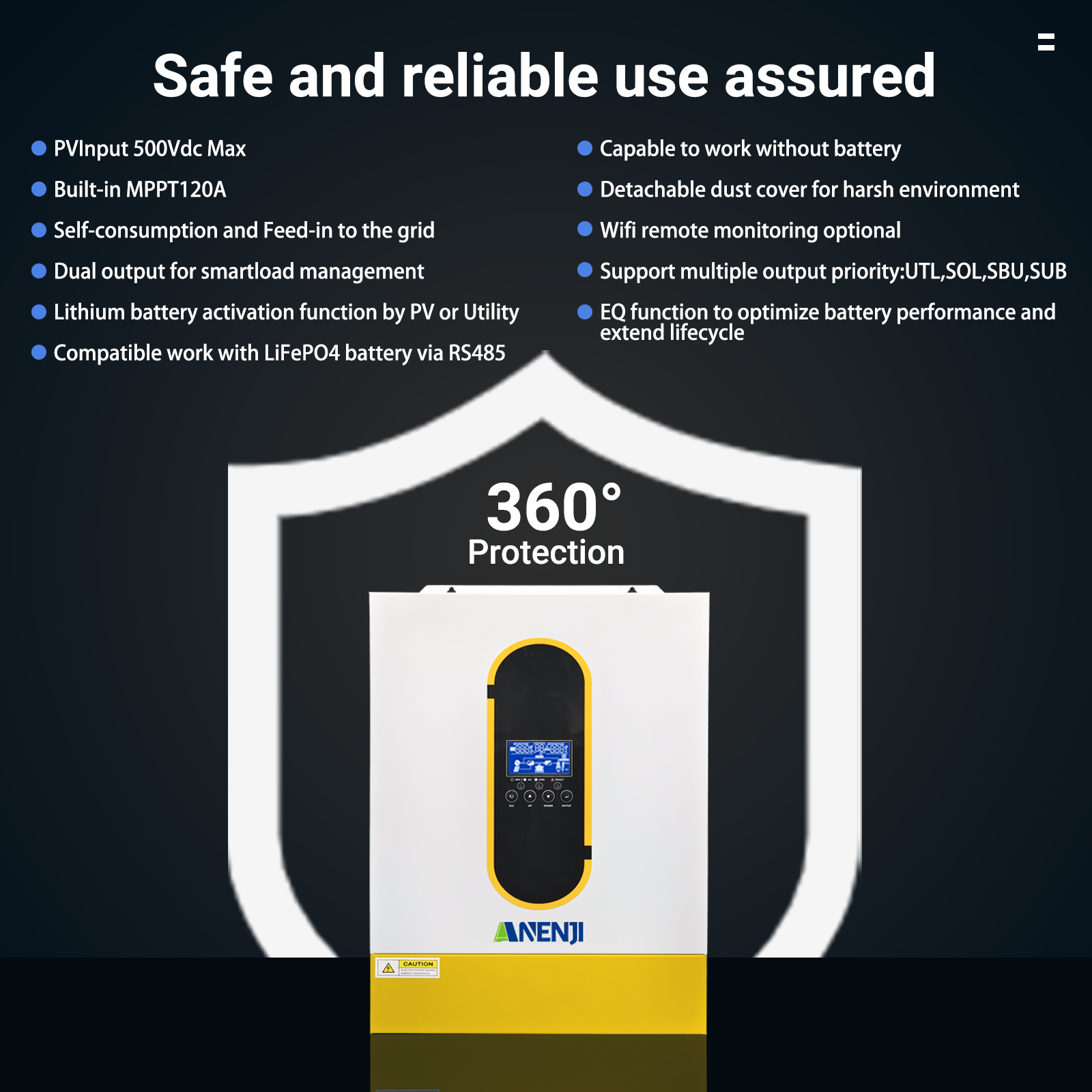 ANENJI 6.2KW Hybrid Solar Inverter MPPT Photovoltaic Solar Inverter Pure Sine 230V 48V Dual Output 120A Charge Controller PV 500V WIFI