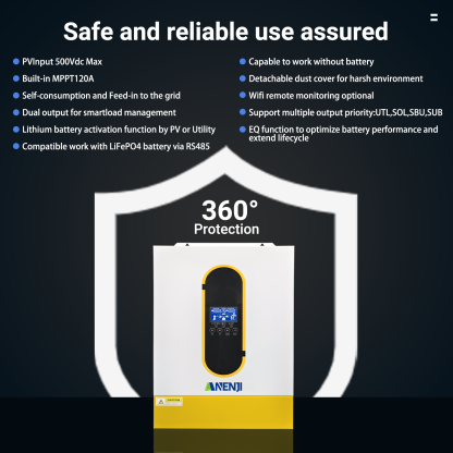 ANENJI 6.2KW Hybrid Solar Inverter MPPT Photovoltaic Solar Inverter Pure Sine 230V 48V Dual Output 120A Charge Controller PV 500V WIFI