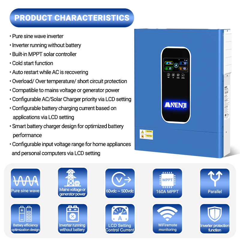 ANENJI 11KW 48V MPPT Hybrid Solar Inverter 230VAC Hybrid Grid Off-grid+ On-grid 160A Dual MPPT Charger 500Vdc 48Vdc WIFI BMS Support Pure Sine Wave and Parallel Function for  6 unit Max