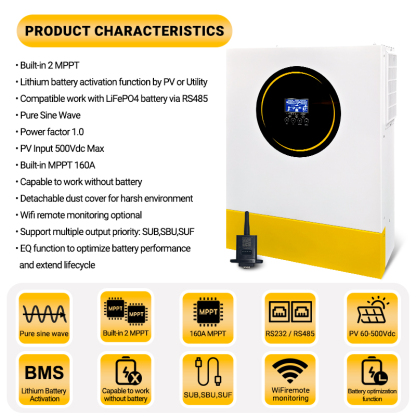 11KW 48V MPPT Hybrid Solar Inverter 2 MPPT Dual PV Input 230VAC On/Off Grid Solar Inverter PV 60-500V 160A Solar Charger