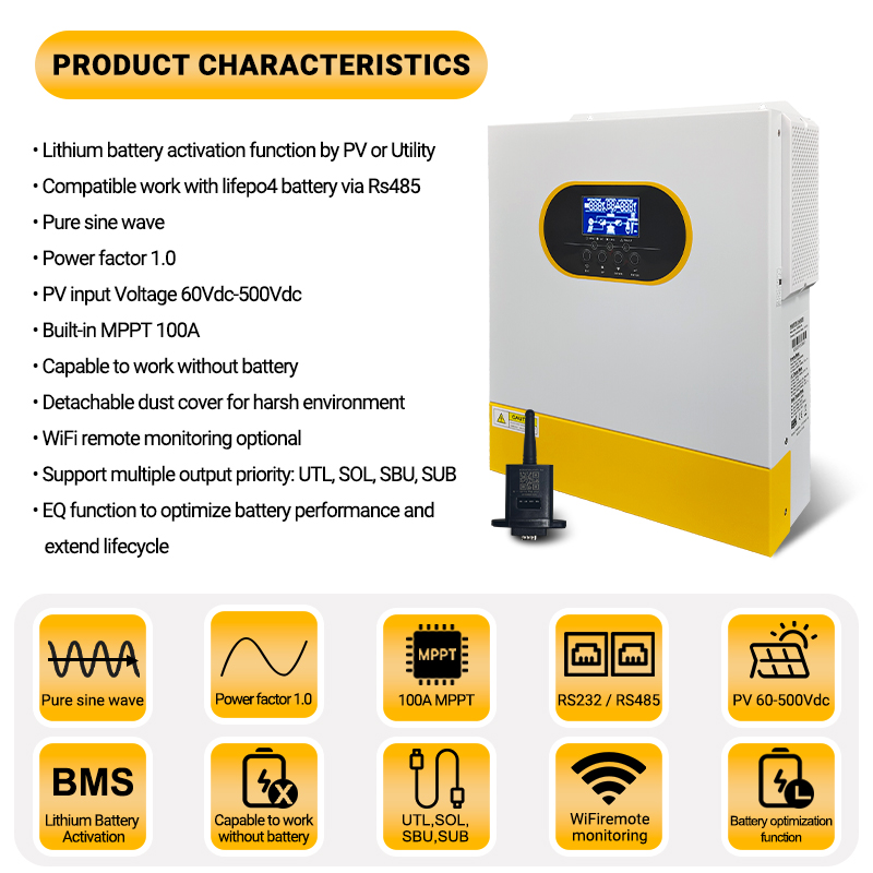 3500W MPPT Hybrid Solar Inverter 3.5KW 24V On/Off Grid Photovoltaic Inverter 230VAC 100A Solar Charge Controller for PV 60-500V