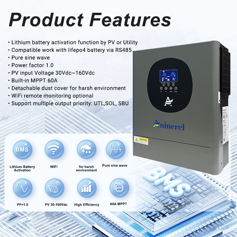 Aninerel 2000W 12V MPPT Solar Inverter 60A off-grid hybrid Pure sine wave with WIFI 230VAC Capacity 2KVA 160VDC 
