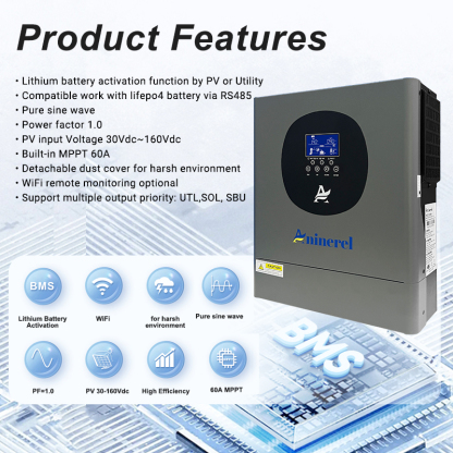Aninerel 2000W 12V MPPT Solar Inverter 60A off-grid hybrid Pure sine wave with WIFI 230VAC Capacity 2KVA 160VDC 