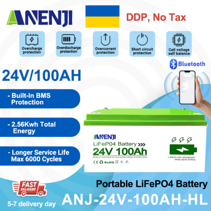 Ukraine DDP----ANENJI 24V 100Ah 2560WH LiFePO4 Battery RV Boot Solar Golf Cart Battery Built-in BMS Grade Lithium Iron Phosphate Off-Road Off-grid