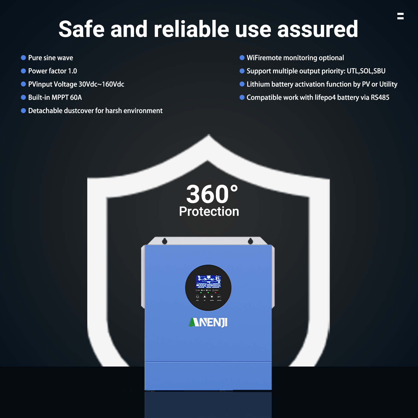 ANENJI 2000W 12V MPPT Solar Inverter off-grid hybrid Pure sine wave with WIFI 230VAC Capacity 2KVA 160VDC 