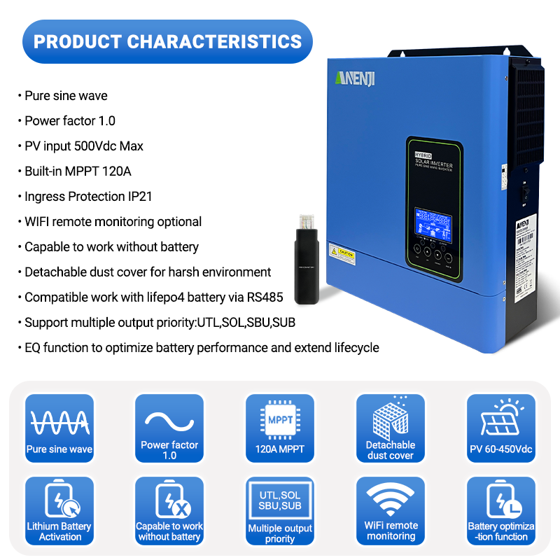 USA WAREHOUSE--ANENJI 4.2KW 24V 110/120V Off grid Inverter Pure Sine Wave MPPT Solar Charging Built in MPPT 120A Hybrid Inverter Home Inversor