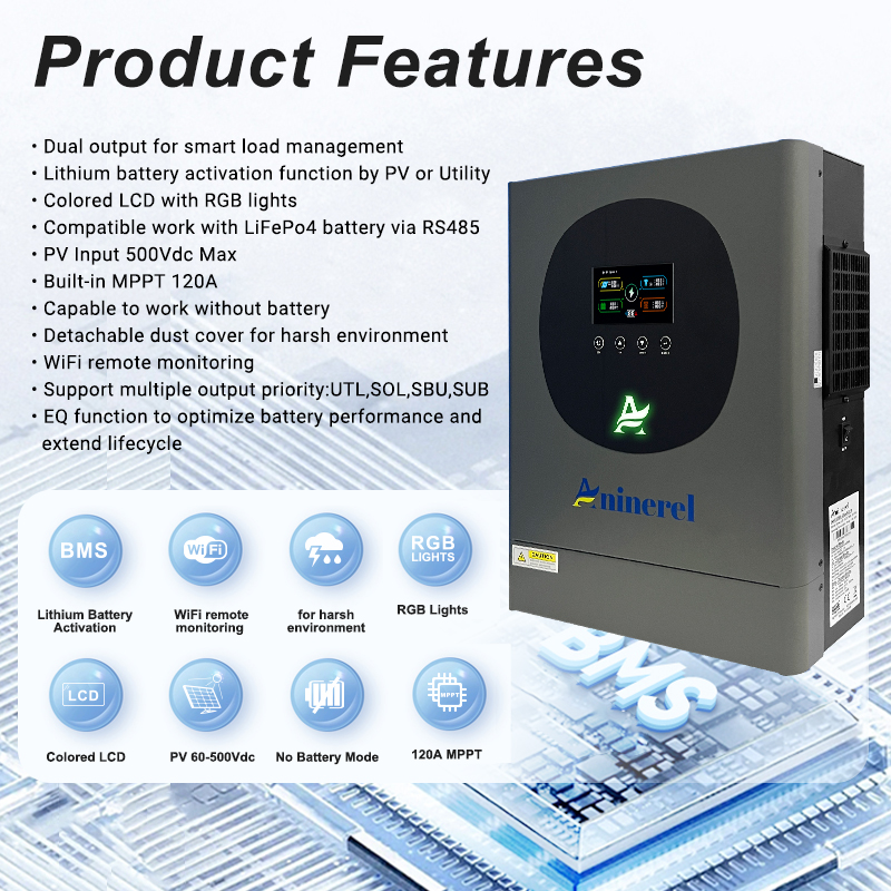 Ukraine Delivery Directly----Aninerel 6.2KW 6200W MPPT Hybrid Solar Inverter 48V On/Off Grid Dual Output Inverter 230VAC 120A Solar Charge Controller for PV 60-500V
