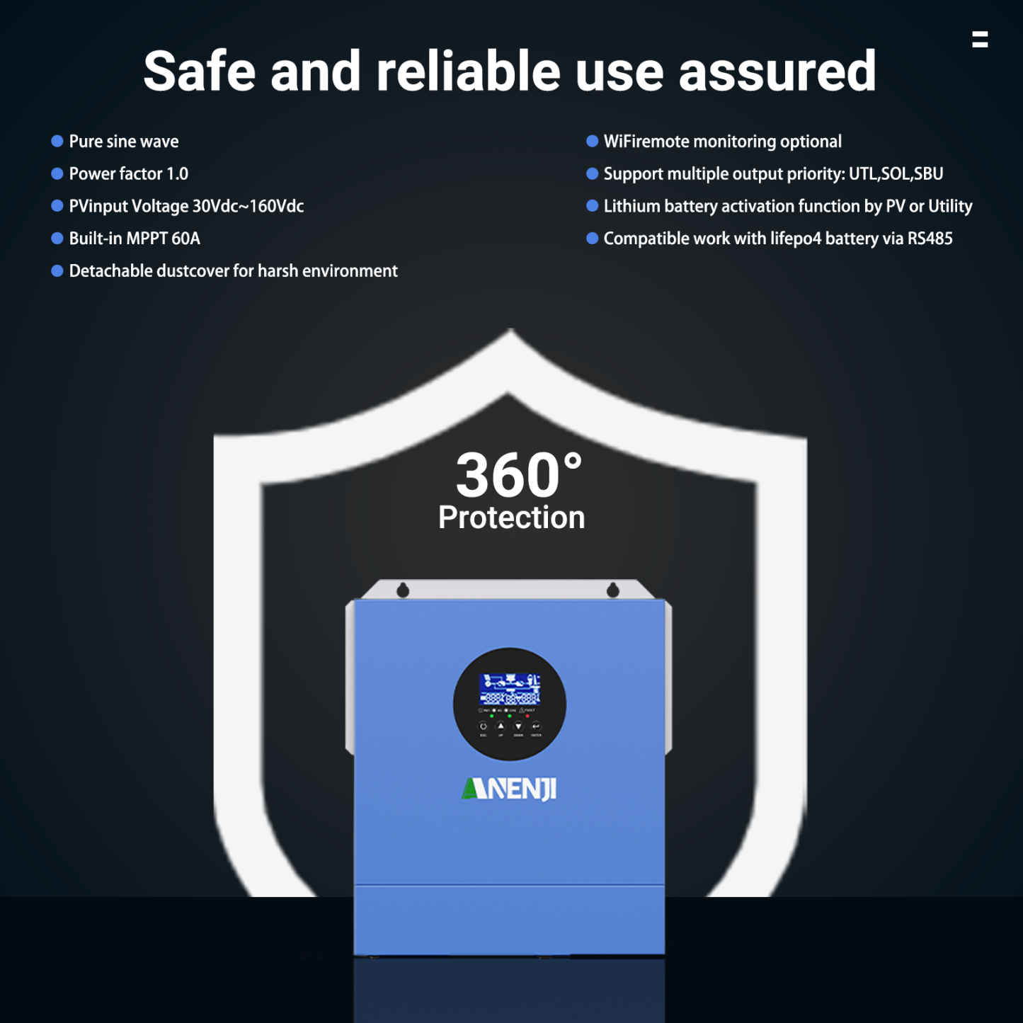 ANENJI 2000W 12V MPPT Solar Inverter off-grid hybrid Pure sine wave with WIFI 230VAC Capacity 2KVA 160VDC 