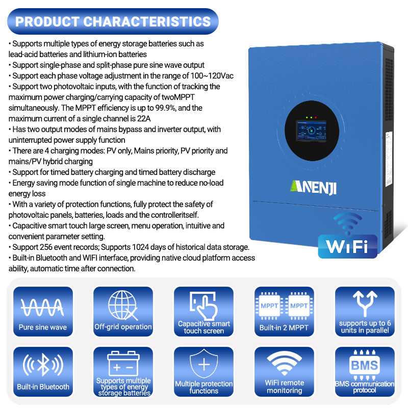 USA WAREHOUSE--ANENJI 12KW 48V Hybrid Solar Inverter 110V Pure Sine Photovoltaic On Grid Off Grid Inversor Split Phase 120V/240V Dual MPPT Charger Parallel 6pcs max