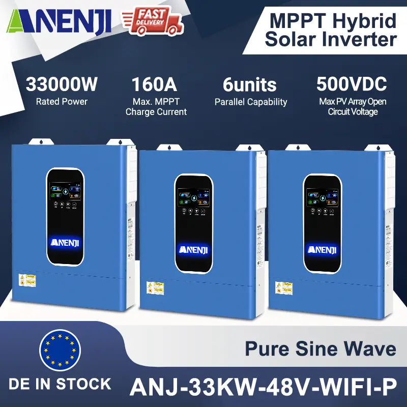 ANENJI 33KW 48V MPPT Hybrid Solar Inverter 230VAC Hybrid Grid Off-grid+ On-grid 160A Dual MPPT Charger 500Vdc 48Vdc WIFI BMS Support Pure Sine Wave and Parallel 3-Phase Inverter On grid Off grid 