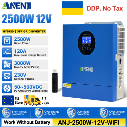 Ukraine Delivery Directly----ANENJI 2500W 12V MPPT Solar Inverter 120A off-grid hybrid Pure sine wave with WIFI 230VAC Capacity 160VDC 