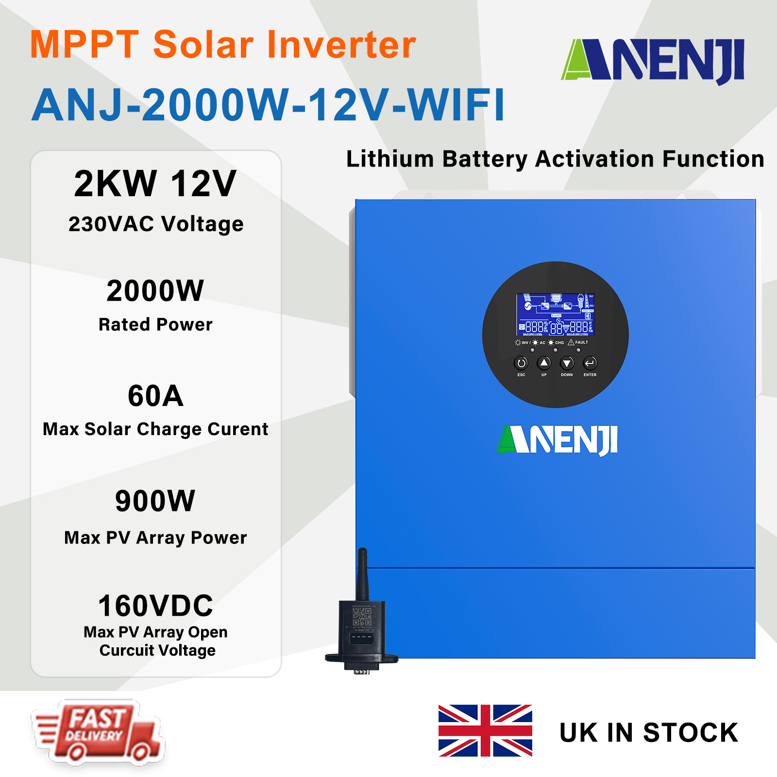 UK WAREHOUSE--ANENJI 2000W 12V MPPT Solar Inverter off-grid hybrid Pure sine wave with WIFI 230VAC Capacity 2KVA 160VDC 