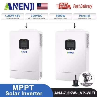 ANENJI 7.2KW 48V Hybrid Solar Inverter 120V/240V Splite Phase Pure Sine Photovoltaic On Grid Off Grid Inversor PV 300V 80A MPPT Solar Charge Controller