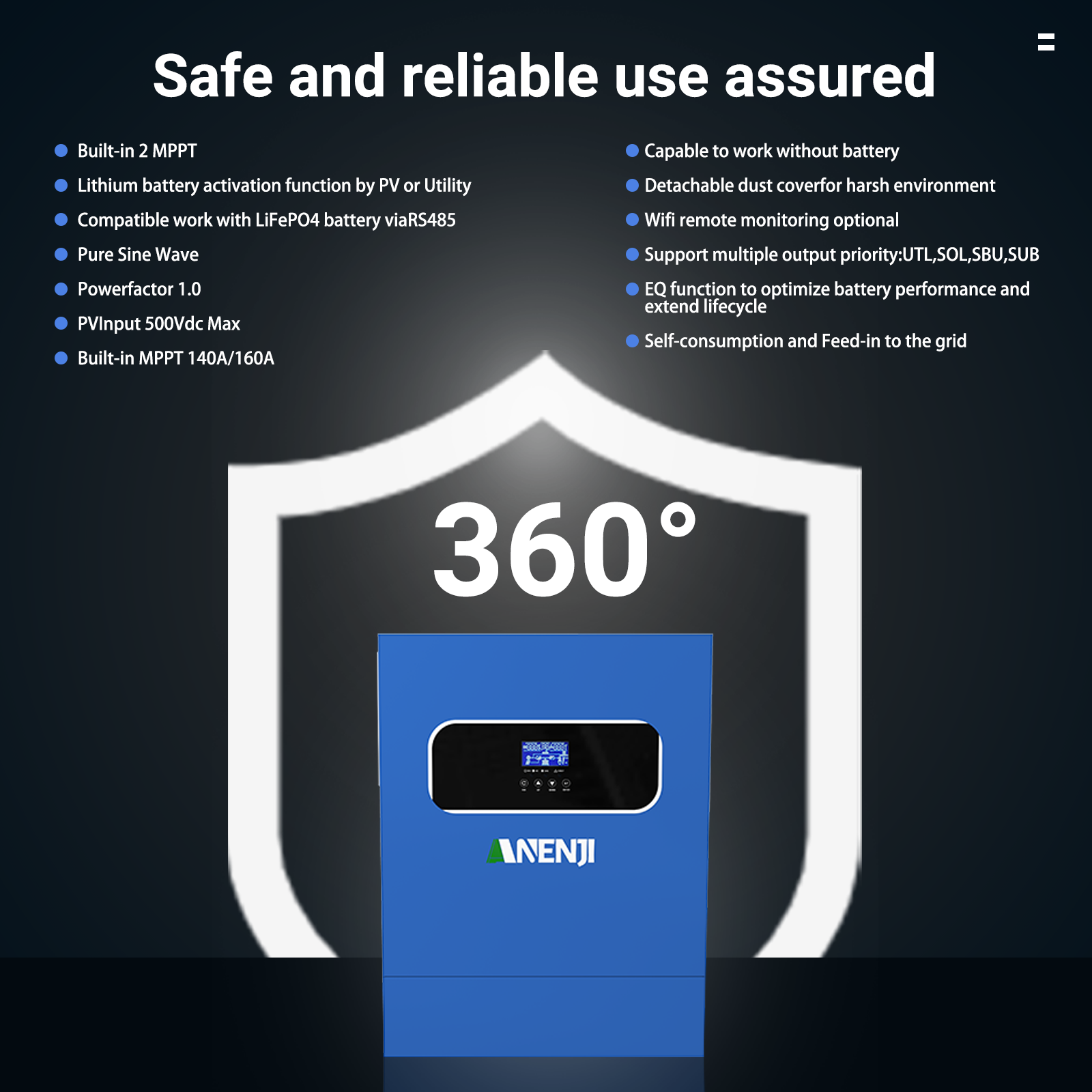 11KW Hybrid Solar Inverter 48V 230VAC Photovoltaic Inverter Off Grid Tie Built in 160A Dual MPPT Solar Charge Controller PV 500V