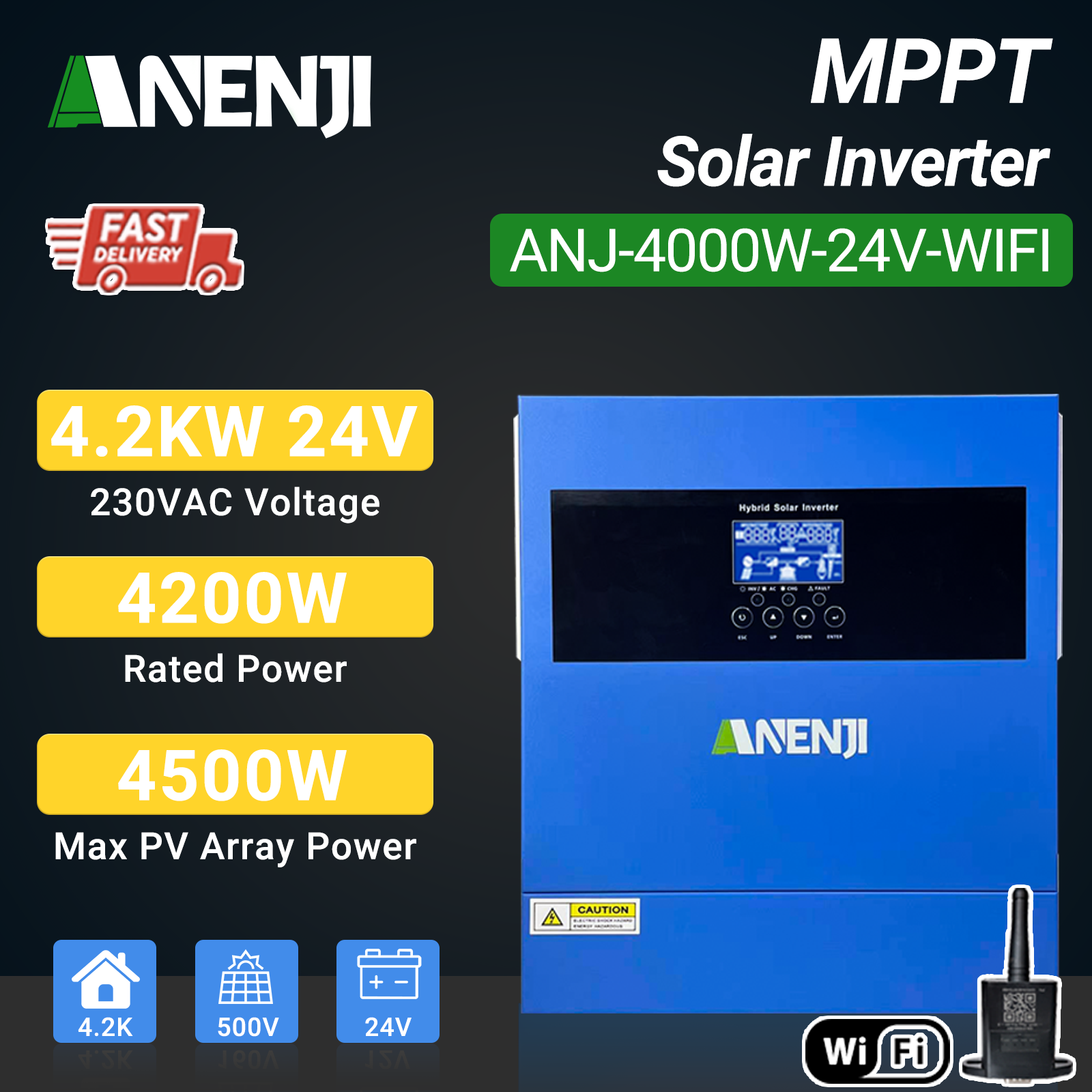 ANENJI 4000W MPPT Hybrid Solar Inverter 4KW 24V On/Off Grid Photovoltaic Inverter 230VAC 100A Solar Charge Controller for PV 60-500V