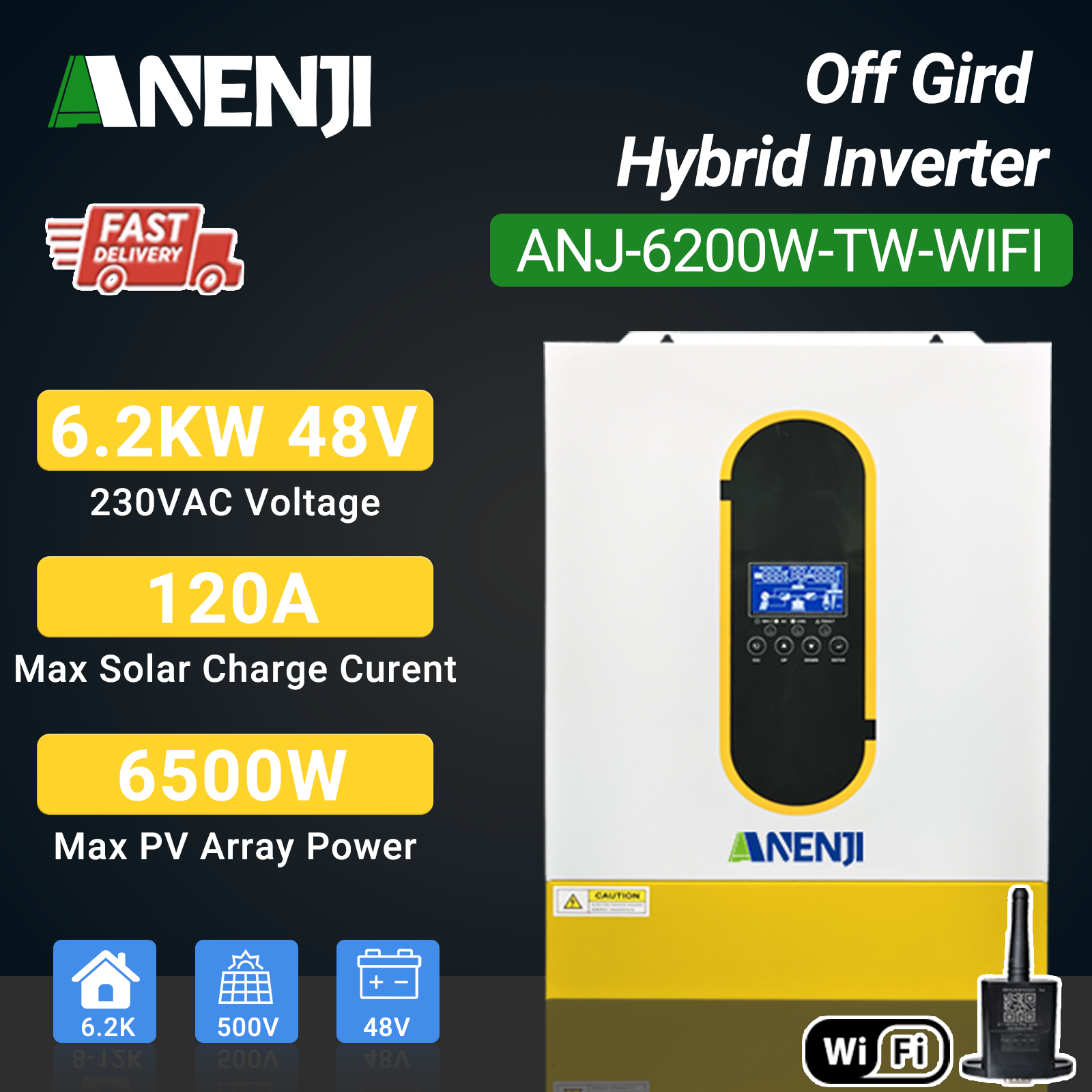 ANENJI 6.2KW Hybrid Solar Inverter MPPT Photovoltaic Solar Inverter Pure Sine 230V 48V Dual Output 120A Charge Controller PV 500V WIFI