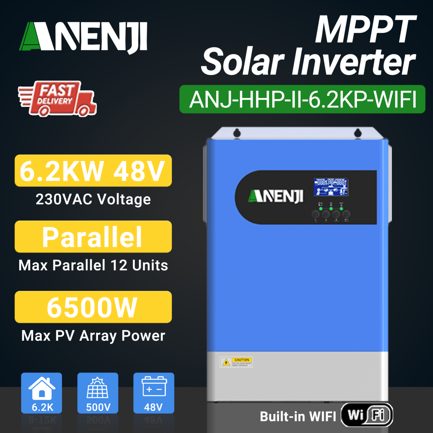 ANENJI 6.2KW Parallel Hybrid Solar Inverter 48V MPPT Inverter 230VAC Pure Sine wave 120A Solar Charger RS485/232 with wifi PV 60-500VDC