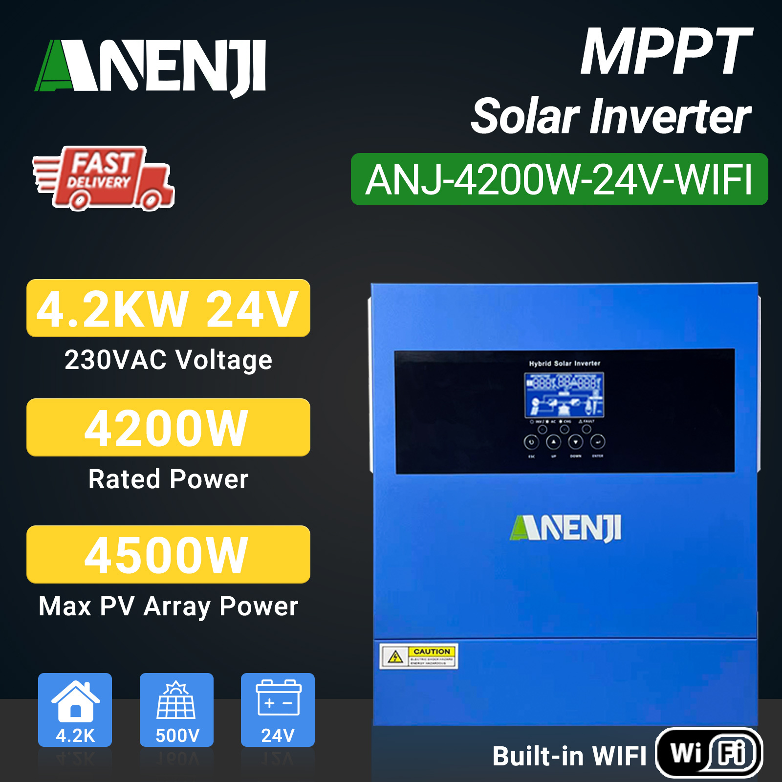 ANENJI 4200W MPPT Hybrid Solar Inverter 4.2KW 24V On/Off Grid Photovoltaic Inverter 230VAC 100A Solar Charge Controller for PV 60-500V