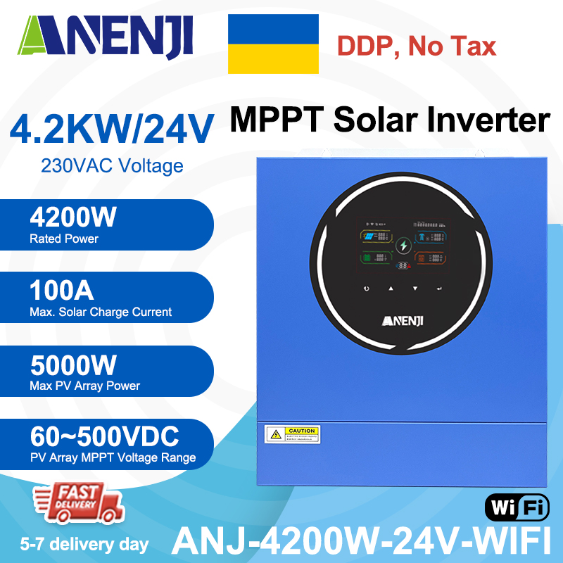 Ukraine DDP----ANENJI 4200W 4.2KW MPPT Hybrid Solar Inverter 24V On/Off Grid Dual Output Inverter 230VAC 100A Solar Charge Controller for PV 60-500V