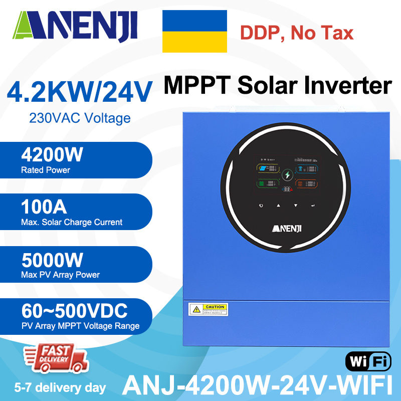 Ukraine DDP----ANENJI 4200W 4.2KW MPPT Hybrid Solar Inverter 24V On/Off Grid Dual Output Inverter 230VAC 100A Solar Charge Controller for PV 60-500V