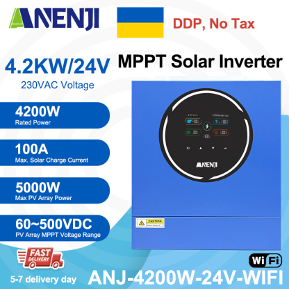 Ukraine DDP----ANENJI 4200W 4.2KW MPPT Hybrid Solar Inverter 24V On/Off Grid Dual Output Inverter 230VAC 100A Solar Charge Controller for PV 60-500V