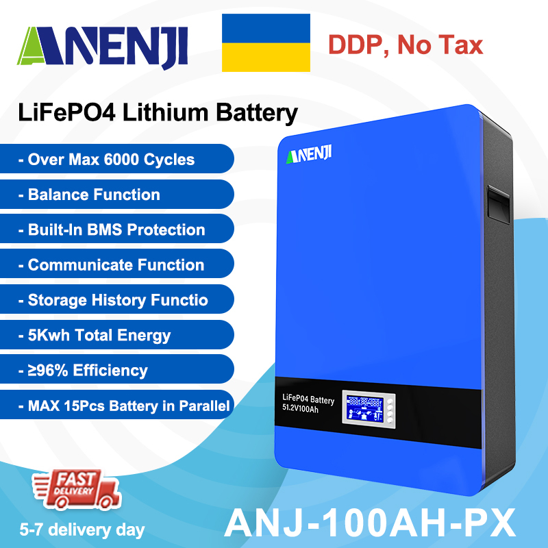 Ukraine DDP----ANENJI 51.2V 100Ah Powerwall 5KWh LiFePO4Wall-Mounted Battery Built-in 16S 100A BMS CAN RS485 6000+ Cycle for Solar Planes Off/On Grid for Home