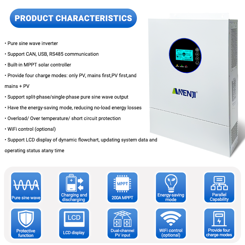 USA WAREHOUSE--Anenji 12KW 48V Hybrid Solar Inverter Split Phase 120V/240V Dual MPPT Charger Parallel 6 units