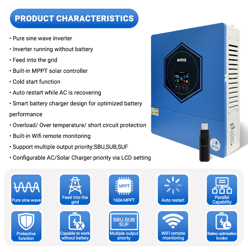 ANENJI 11000W 11KW MPPT Hybrid Solar Inverter 48V On/Off Grid Dual Output Inverter 230VAC 160A Solar Charge Controller for PV 60-500Vdc Parallel 6pcs max for sinple phase and 3-phasewith IP54 