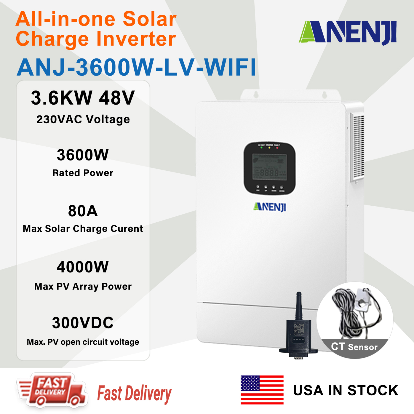 USA WAREHOUSE--ANENJI 3.6KW 48V Hybrid Solar Inverter 110V Pure Sine Photovoltaic On Grid Off Grid Inversor PV 300V 80A MPPT Solar Charge Controller