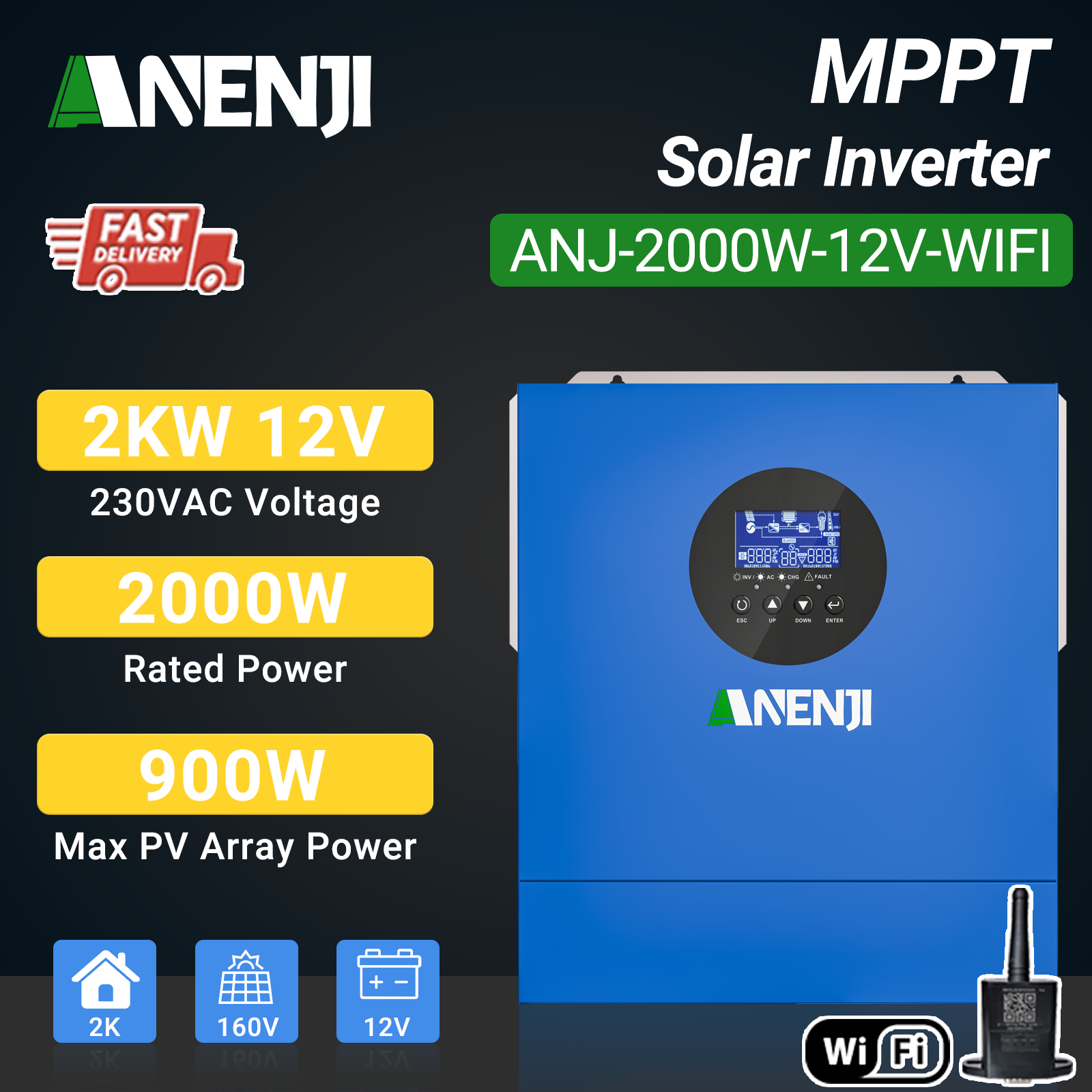 ANENJI 2000W 12V MPPT Solar Inverter off-grid hybrid Pure sine wave with WIFI 230VAC Capacity 2KVA 160VDC 