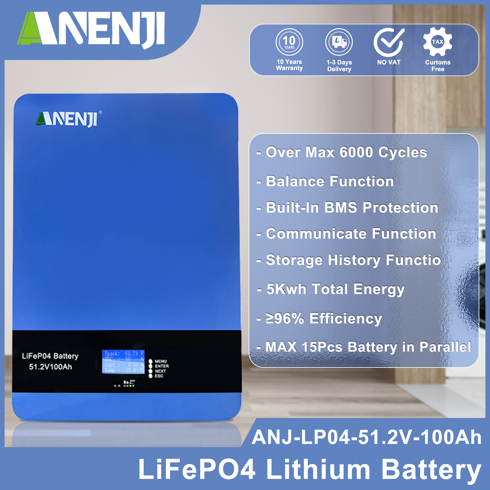 ANENJI 51.2V 100Ah Powerwall 5KWh LiFePO4Wall-Mounted Battery Built-in 16S 100A BMS CAN RS485 6000+ Cycle for Solar Planes Off/On Grid for Home
