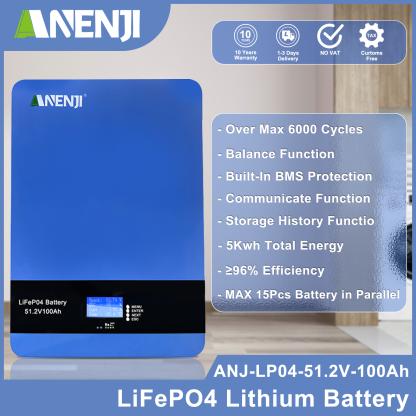 ANENJI 51.2V 100Ah Powerwall 5KWh LiFePO4Wall-Mounted Battery Built-in 16S 100A BMS CAN RS485 6000+ Cycle for Solar Planes Off/On Grid for Home