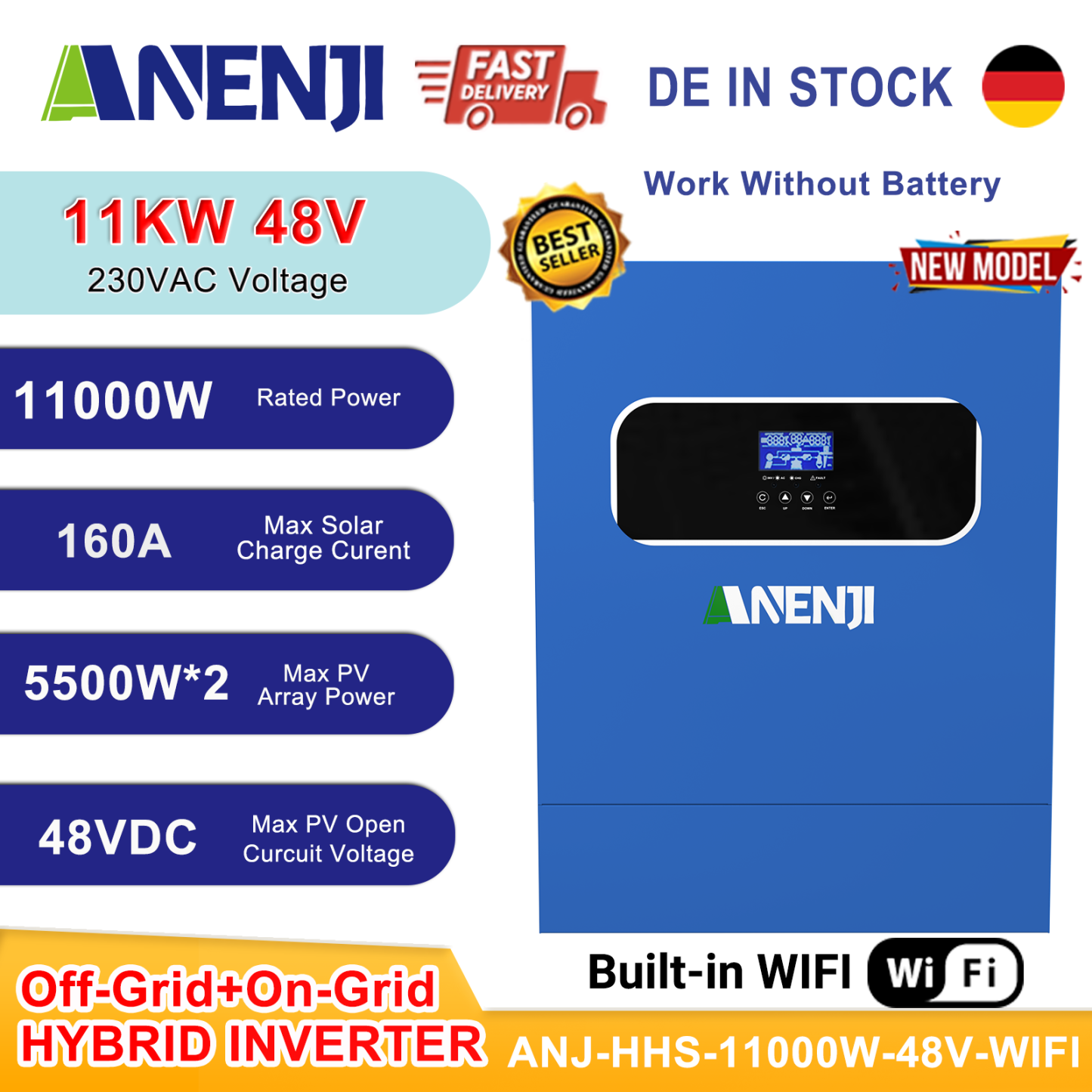 ANENJI 11KW Hybrid Solar Inverter 48V 230VAC Photovoltaic Inverter Off Grid Tie Built in 160A Dual MPPT Solar Charge Controller PV 500V