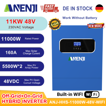 ANENJI 11KW Hybrid Solar Inverter 48V 230VAC Photovoltaic Inverter Off Grid Tie Built in 160A Dual MPPT Solar Charge Controller PV 500V