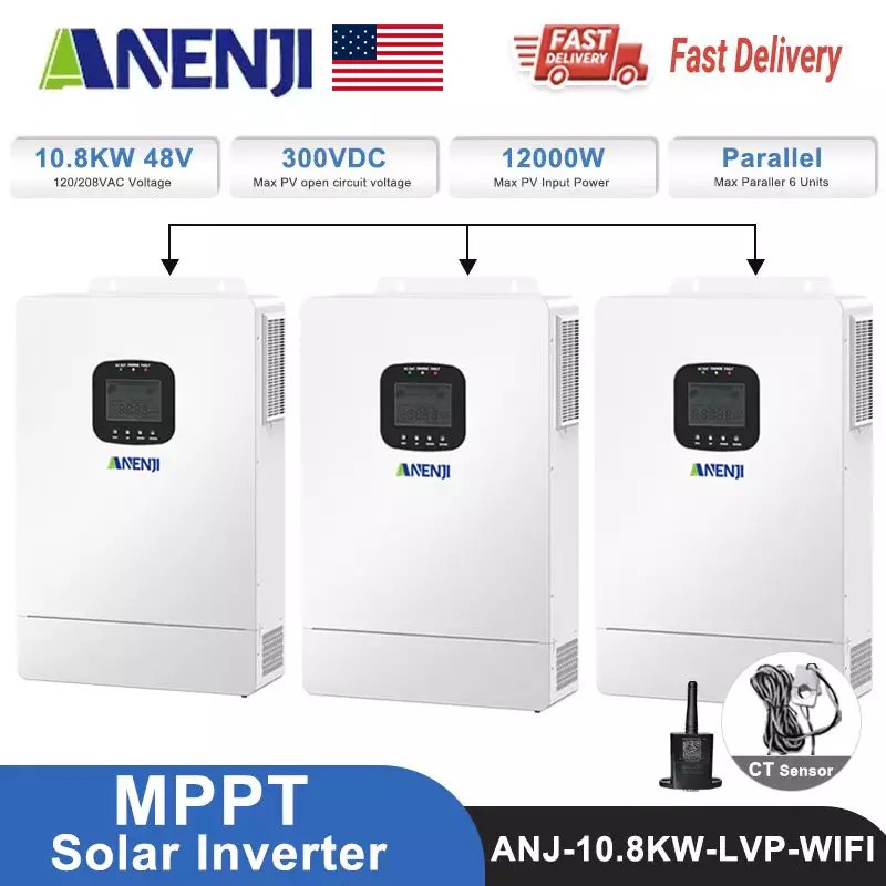 ANENJI 10.8KW 48V Hybrid Solar Inverter 120V/208VAC Three Phase Pure Sine Photovoltaic On Grid Off Grid Inversor PV 300V 80A MPPT Solar Charge Controller