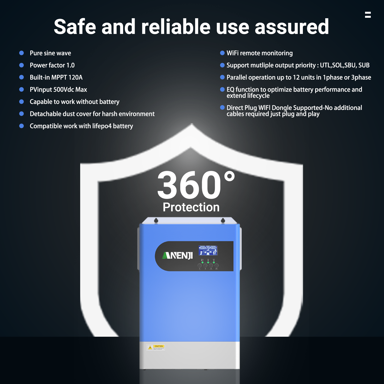 ANENJI 12.4KW Parallel Hybrid Solar Inverter 48V MPPT Inverter 230VAC Pure Sine wave 120A Solar Charger RS485/232 with wifi PV 60-500VDC