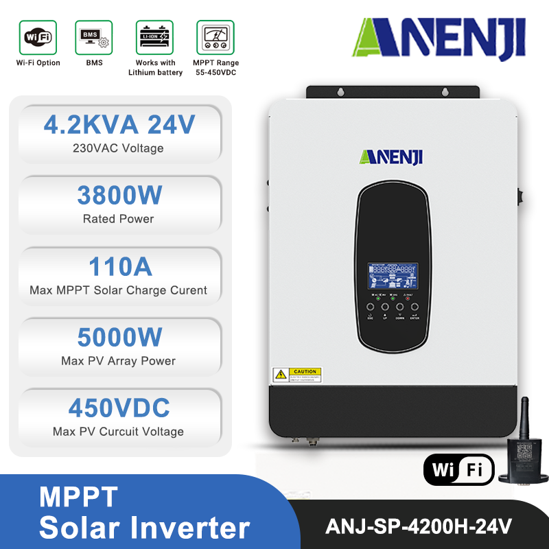 ANENJI 4.2KVA 3800W Hybrid Solar Inverter 24V 220V Photovoltaic Inverter Pure Sine Wave Inversor Off Grid Tie 110A MPPT Soalr Charge Controller