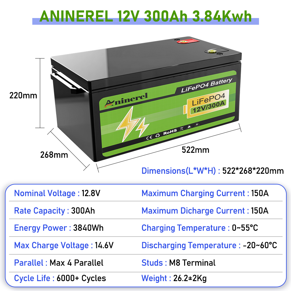 ANENJI 12V 300Ah 3840WH 3.84KWH LiFePO4 Battery RV Boot Solar Golf Cart Battery Built-in BMS Grade Lithium Iron Phosphate Off-Road Off-grid