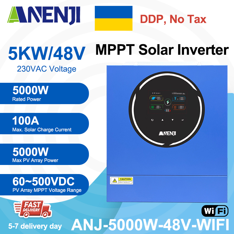 Ukraine DDP----Anenji 5000W 5KW 48V Hybrid Solar Inverter On grid Off grid Inverter with WIFI 100A MPPT Dual Outputs 