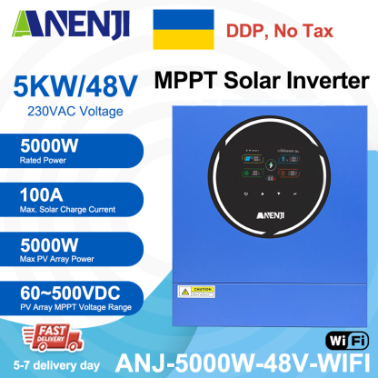 Ukraine DDP----Anenji 5000W 5KW 48V Hybrid Solar Inverter On grid Off grid Inverter with WIFI 100A MPPT Dual Outputs 