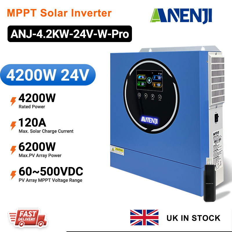 UK WAREHOUSE--ANENJI 4200W 4.2KW MPPT Hybrid Solar Inverter 24V On/Off Grid Dual Output Inverter 230VAC 120A Solar Charge Controller for PV 60-500V